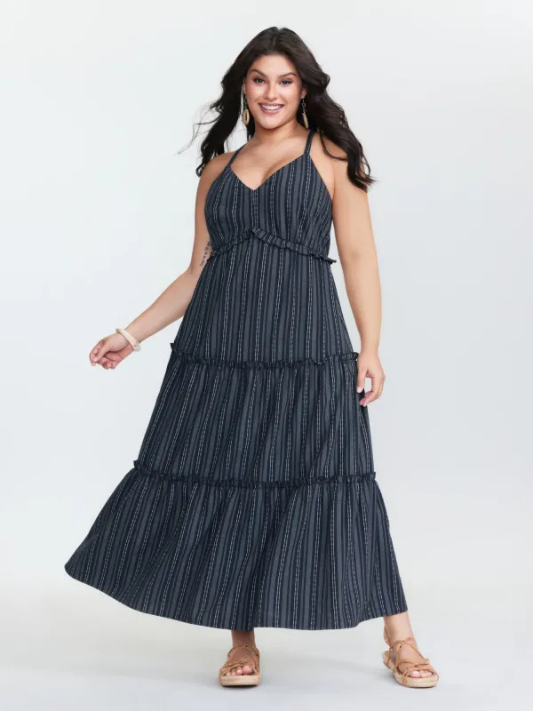 Stripe Print Ruffled Tiered Maxi Dress sold by Bloomchic