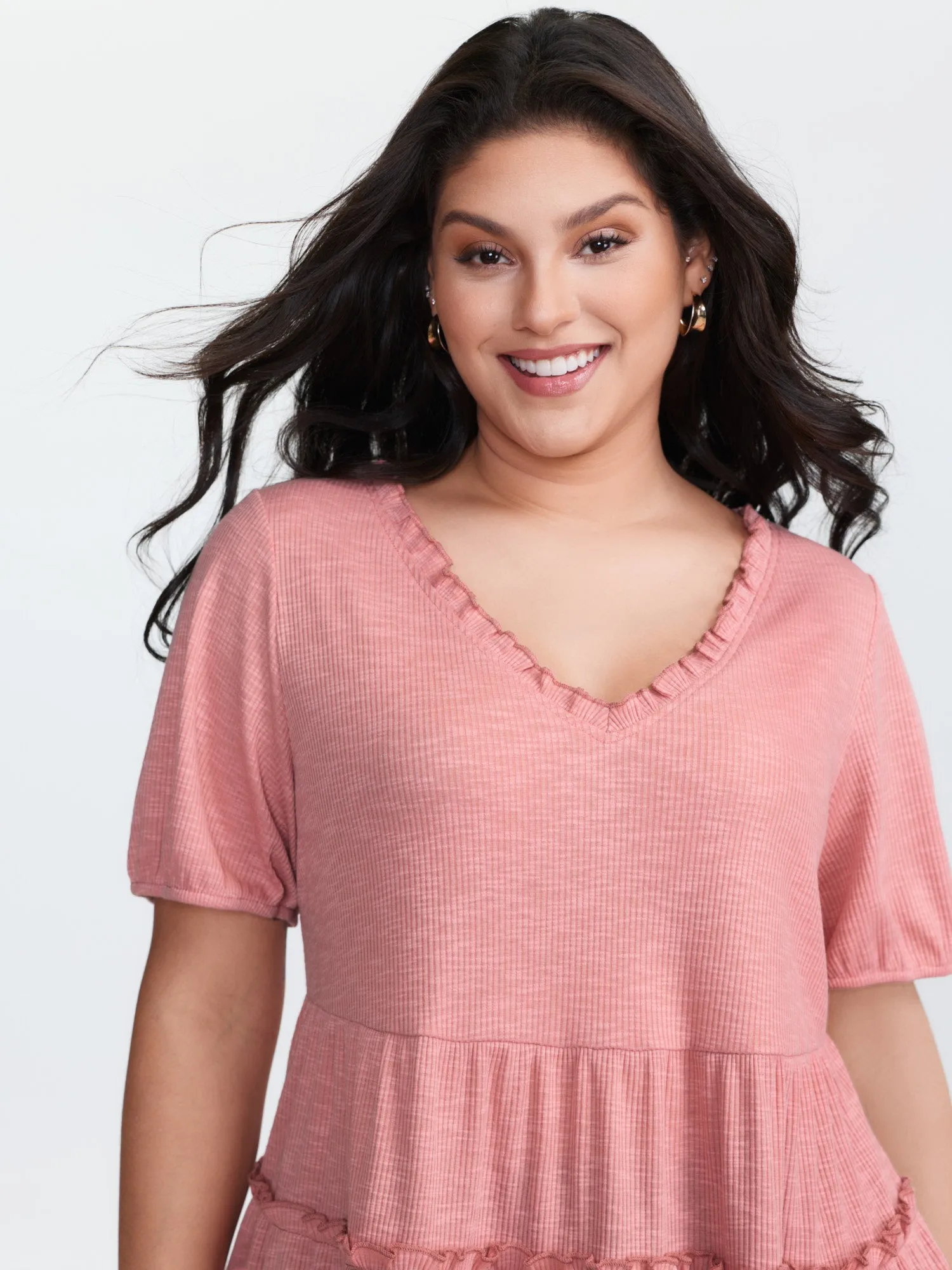 Stretchy Ruffled Neckline Tiered Knit Top sold by Bloomchic product image thumbnail 2