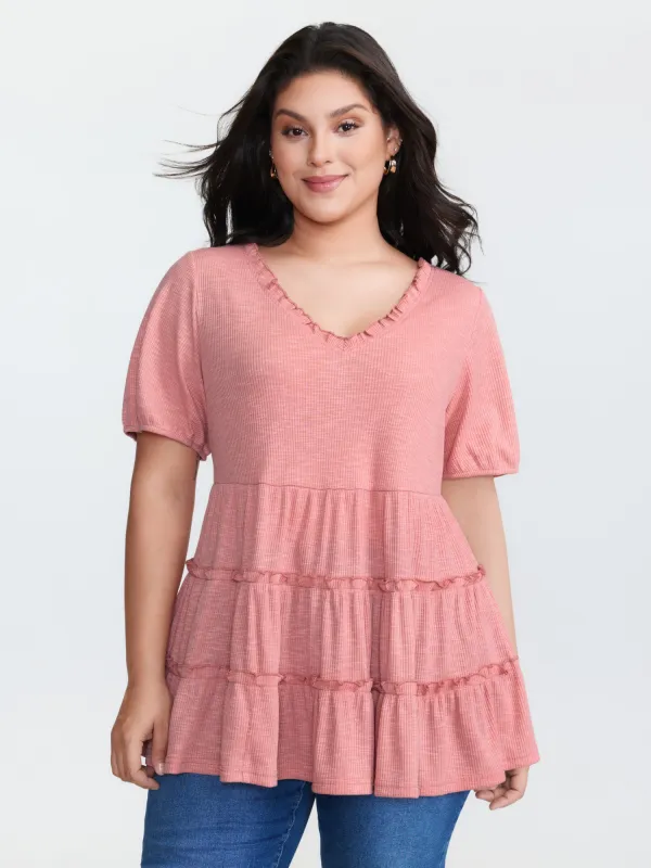 Stretchy Ruffled Neckline Tiered Knit Top sold by Bloomchic