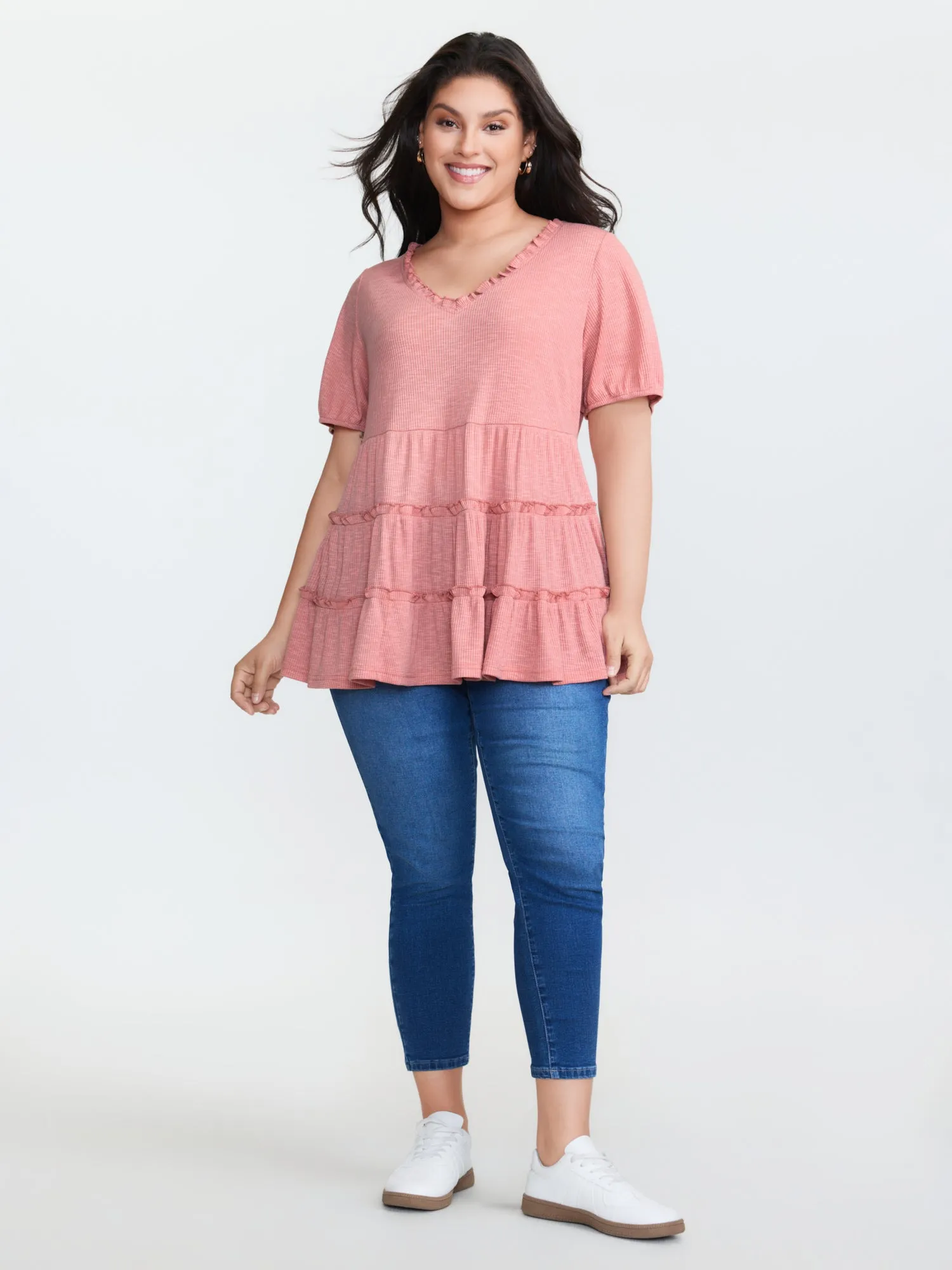 Stretchy Ruffled Neckline Tiered Knit Top sold by Bloomchic product image thumbnail 3