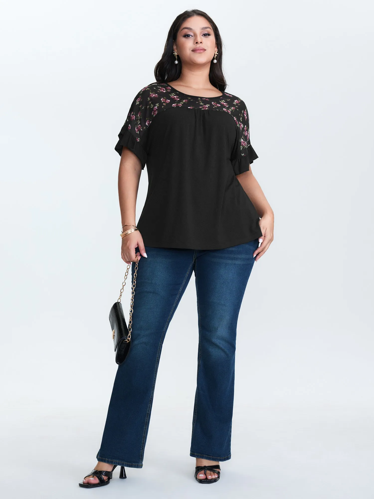 Sheer Floral Print Contrast Knit Top sold by Bloomchic product image thumbnail 3