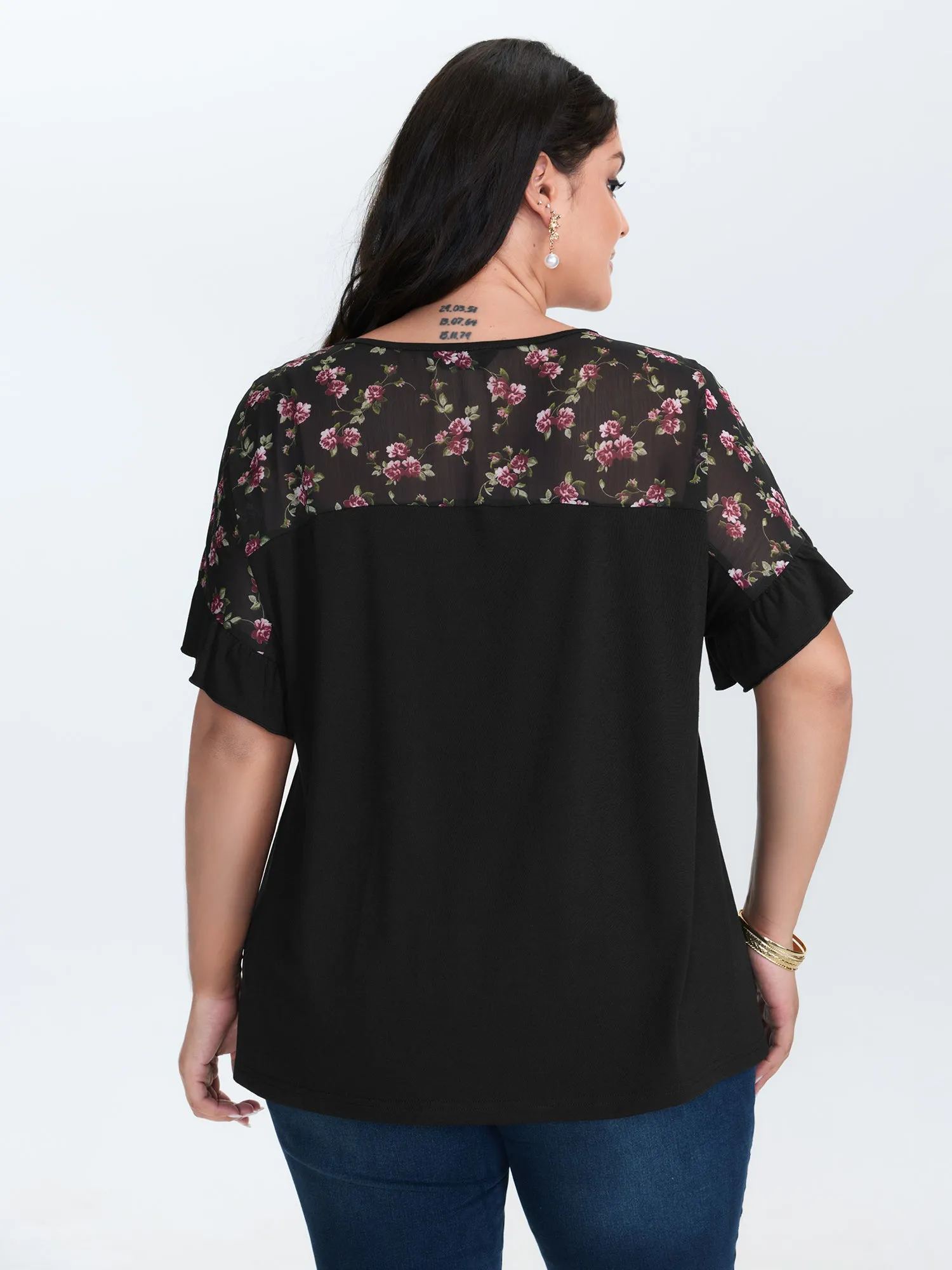Sheer Floral Print Contrast Knit Top sold by Bloomchic product image thumbnail 4