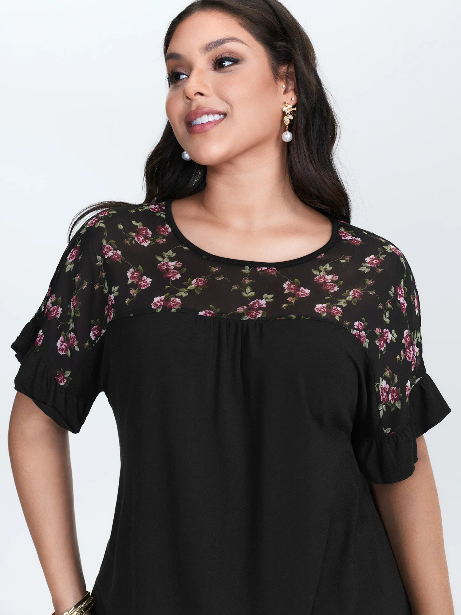 Sheer Floral Print Contrast Knit Top sold by Bloomchic product image thumbnail 2