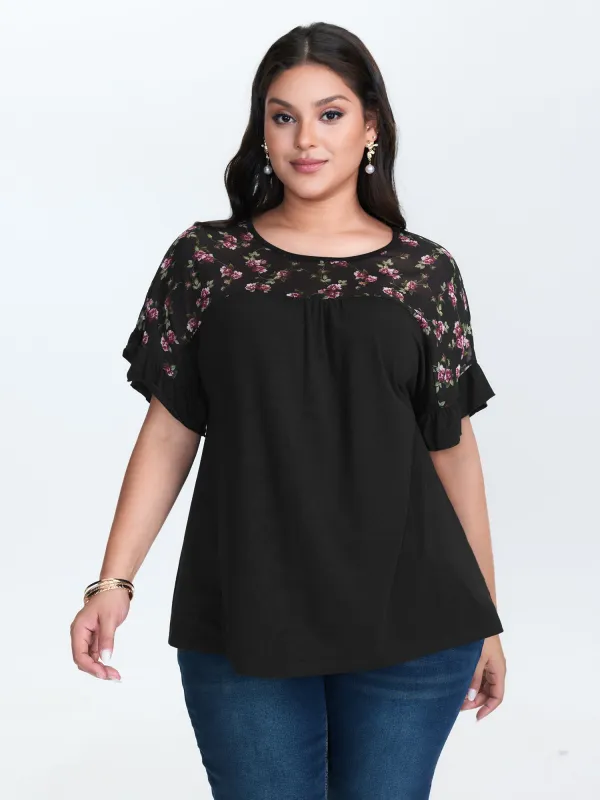 Sheer Floral Print Contrast Knit Top sold by Bloomchic