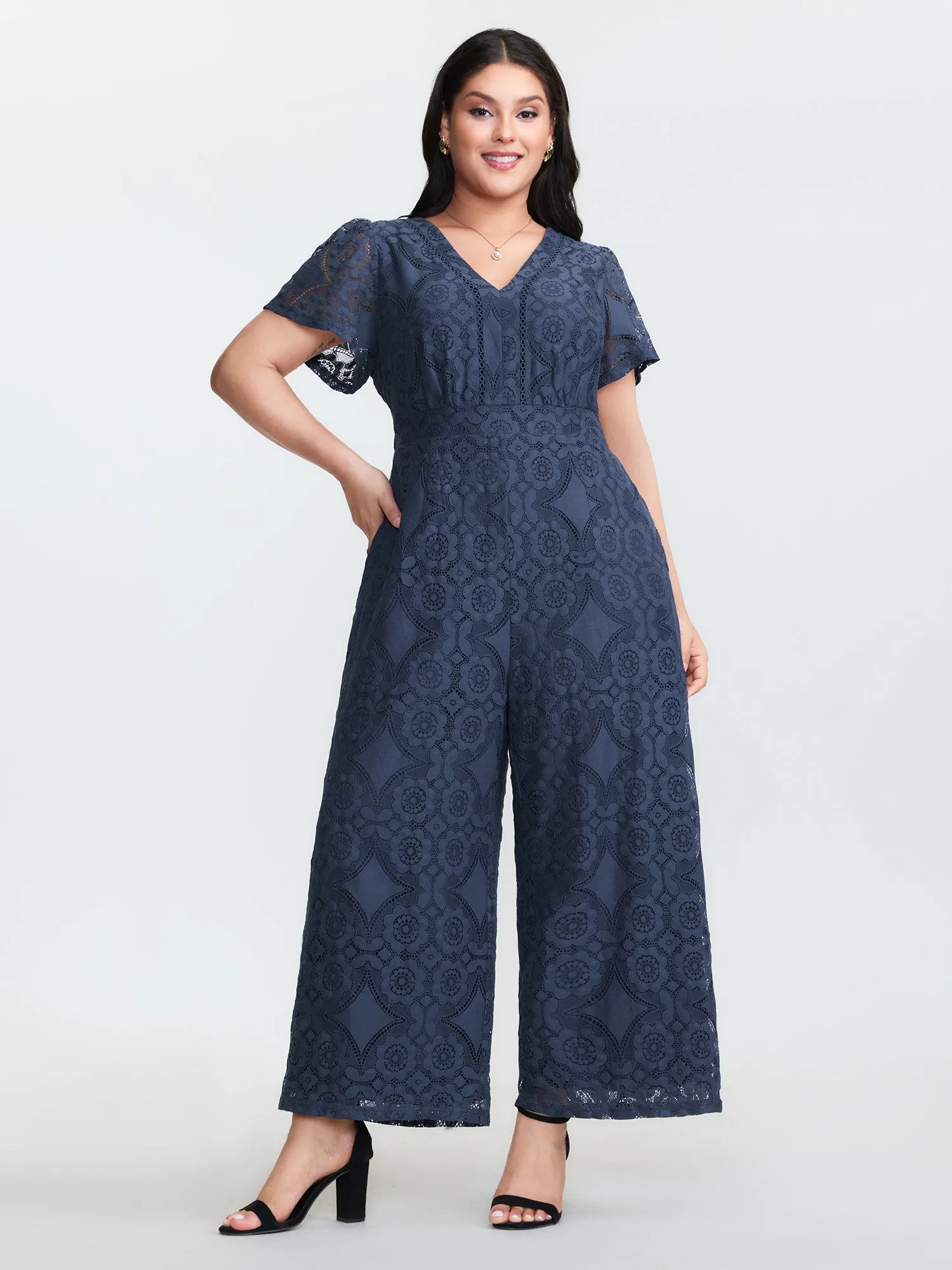 Floral Lace Sheer Stretchy Waist Jumpsuit sold by Bloomchic product image thumbnail 3