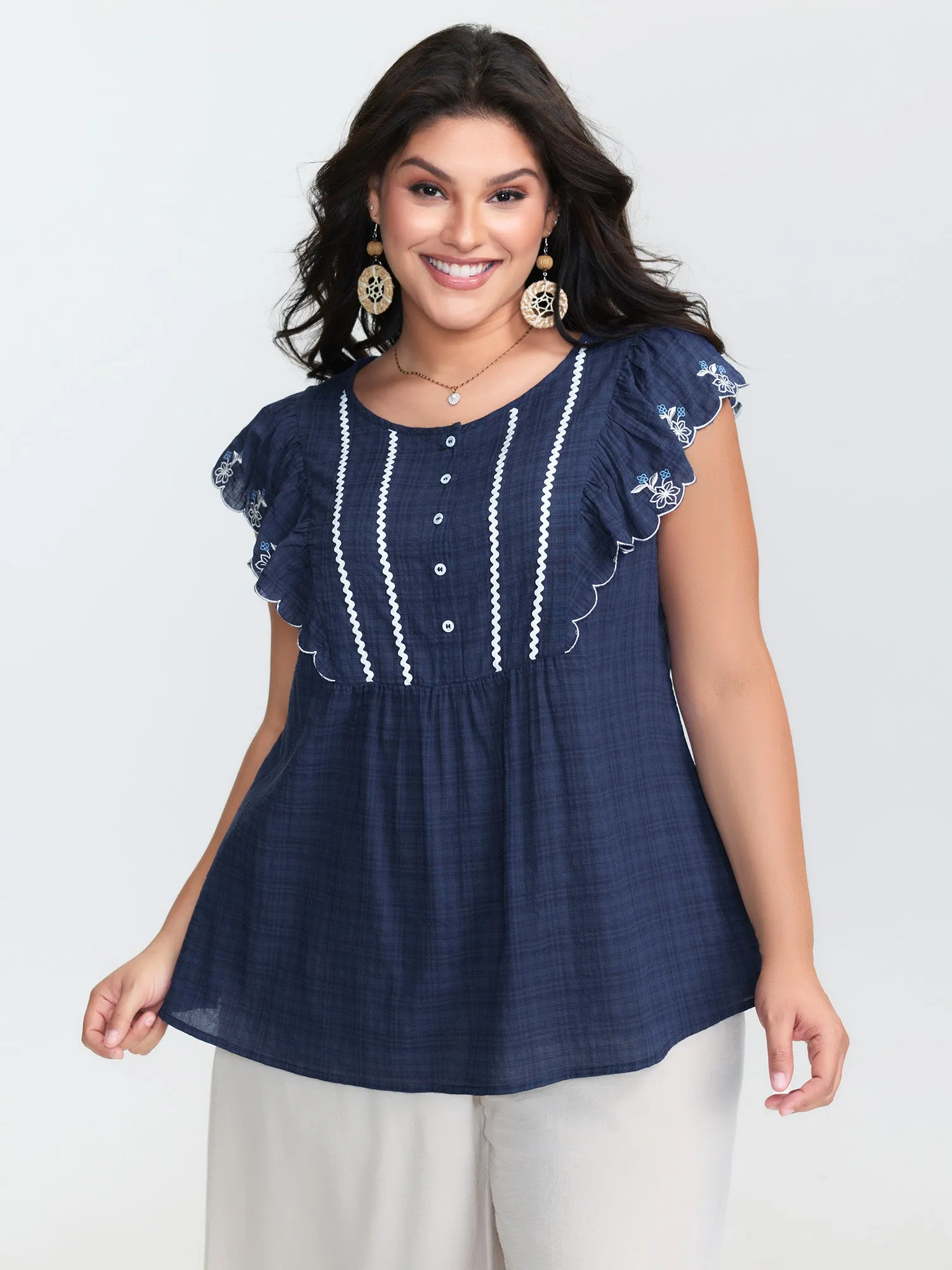 Embroidered Neckline Ruffled Sleeve Blouse sold by Bloomchic