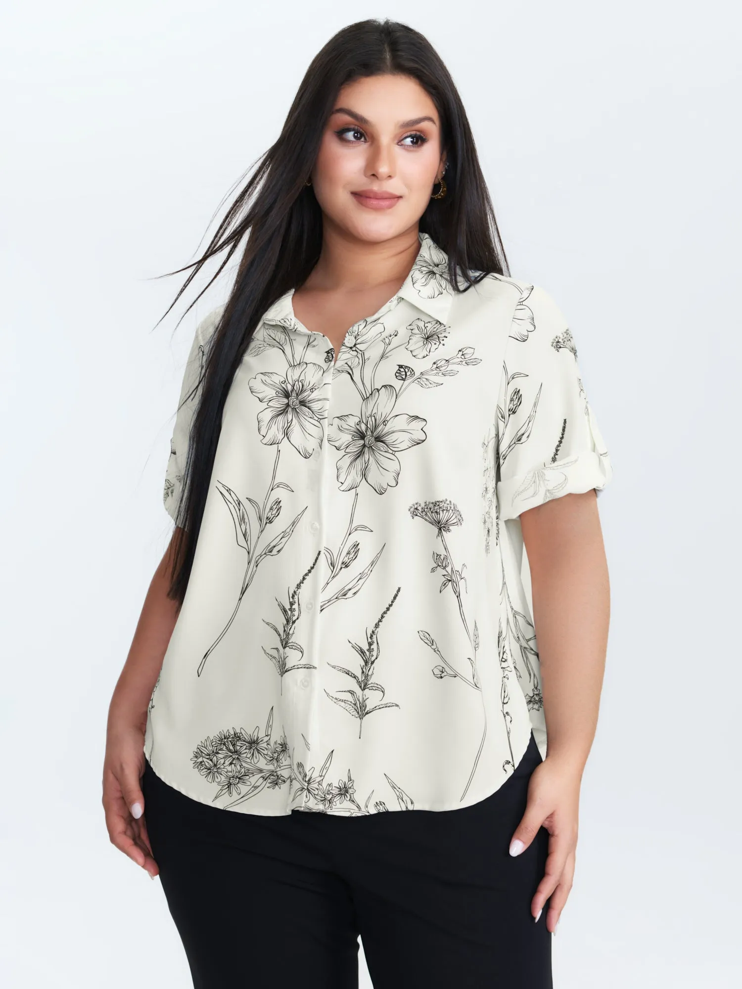 Floral Print Tab Sleeve Button-Down Blouse sold by Bloomchic