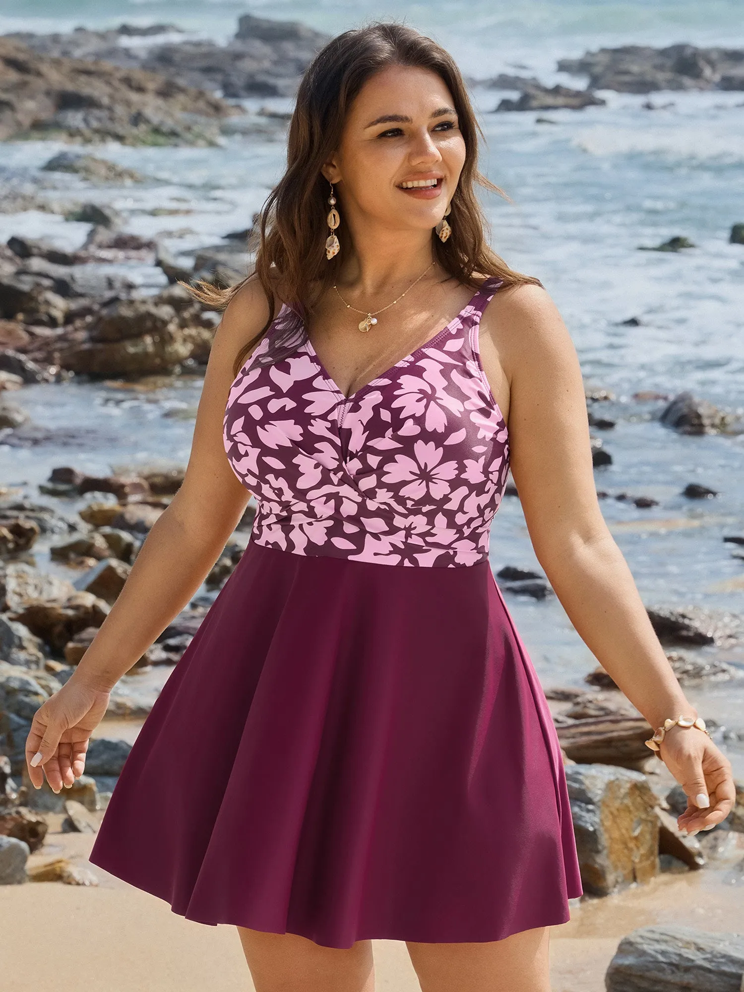 Tropical Floral Print Twist-Front Swim Dress sold by Bloomchic