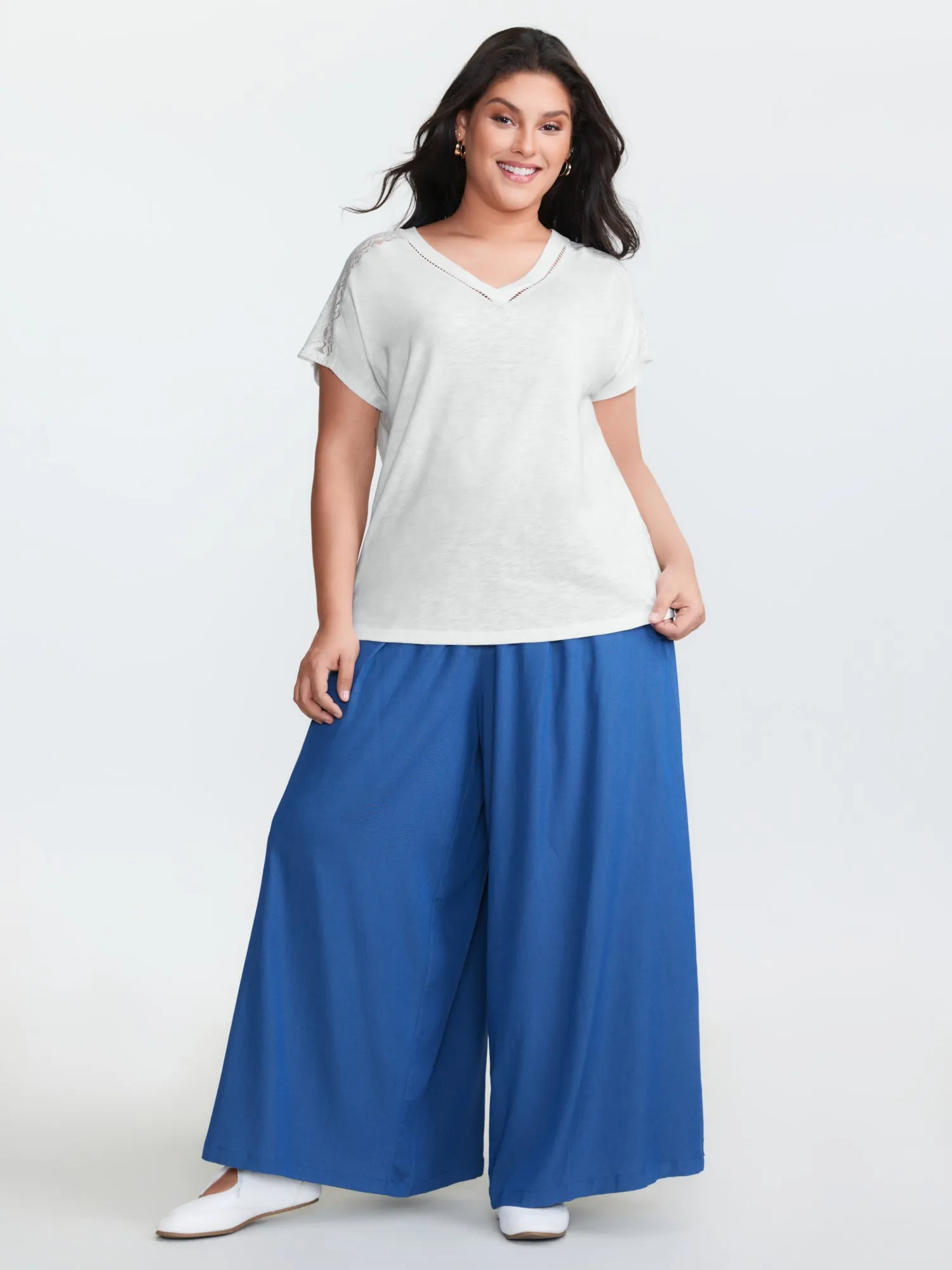 Supersoft Sheer Lace Shoulder V-Neck T-Shirt sold by Bloomchic product image thumbnail 3