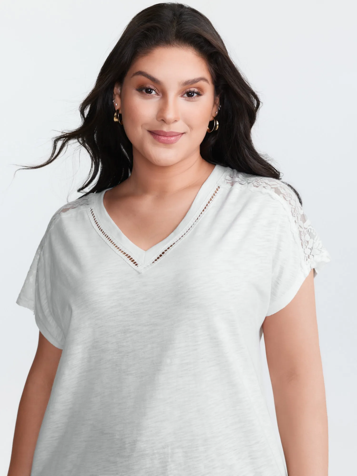 Supersoft Sheer Lace Shoulder V-Neck T-Shirt sold by Bloomchic product image thumbnail 2