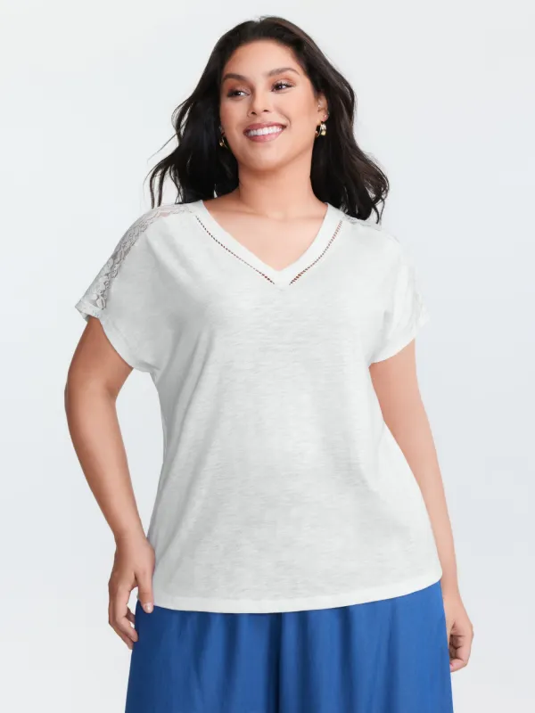 Supersoft Sheer Lace Shoulder V-Neck T-Shirt sold by Bloomchic