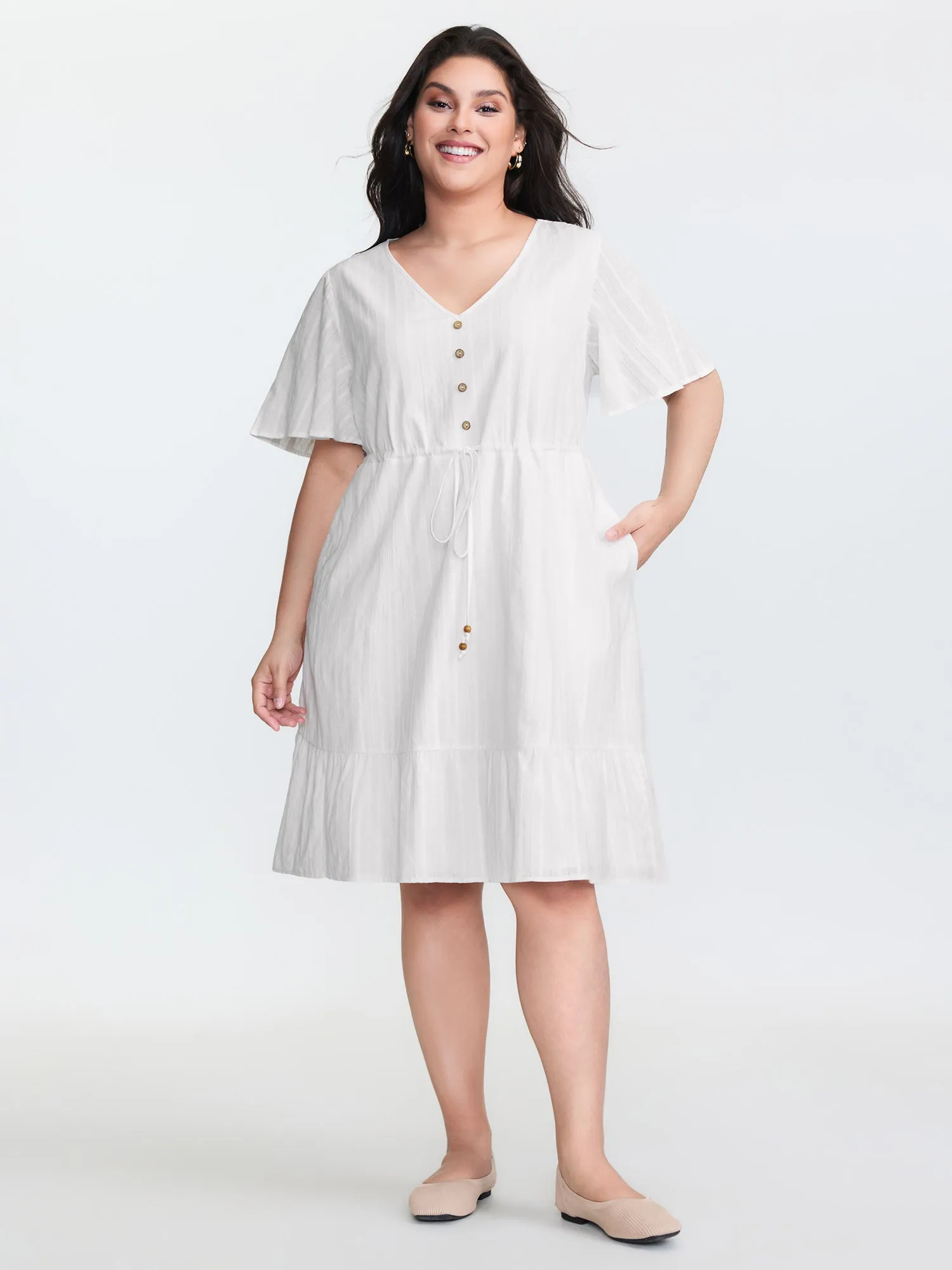 Pure Cotton Drawstring Waist Flared Sleeve Midi Dress sold by Bloomchic product image thumbnail 3