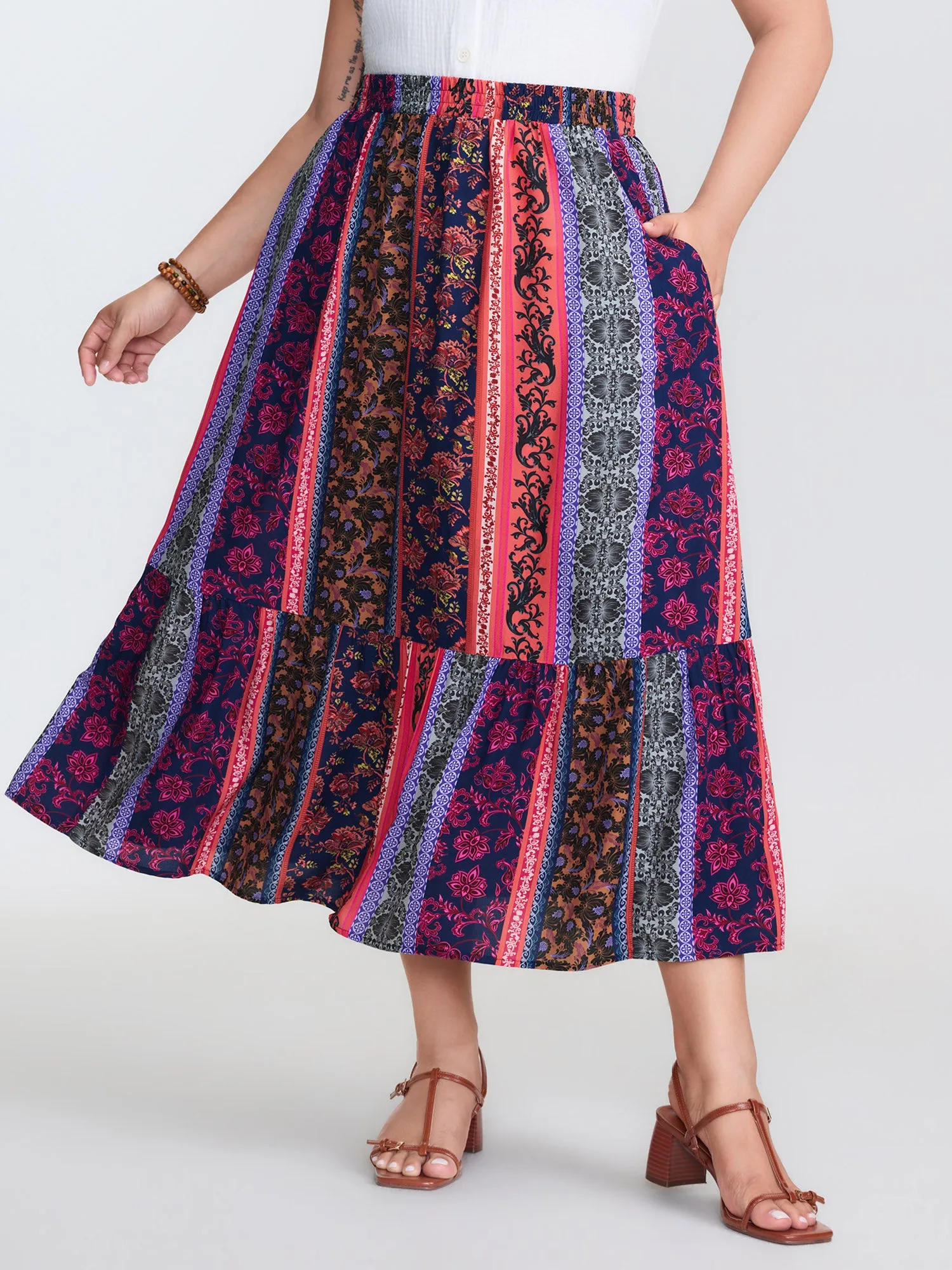 Floral Stripes Tiered Maxi Skirt sold by Bloomchic