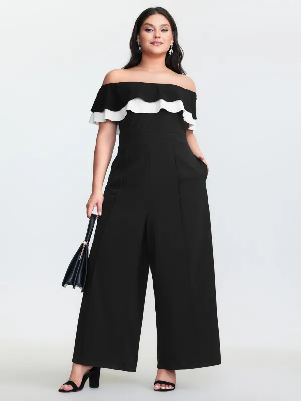 Off-Shoulder Lotus Leaf Neckline Jumpsuit made by Bloomchic