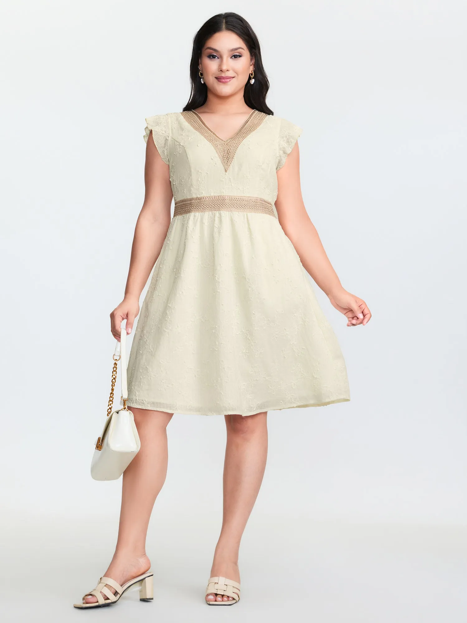 Textured Lace Trim V-Neck Flutter Sleeve Midi Dress sold by Bloomchic product image thumbnail 3