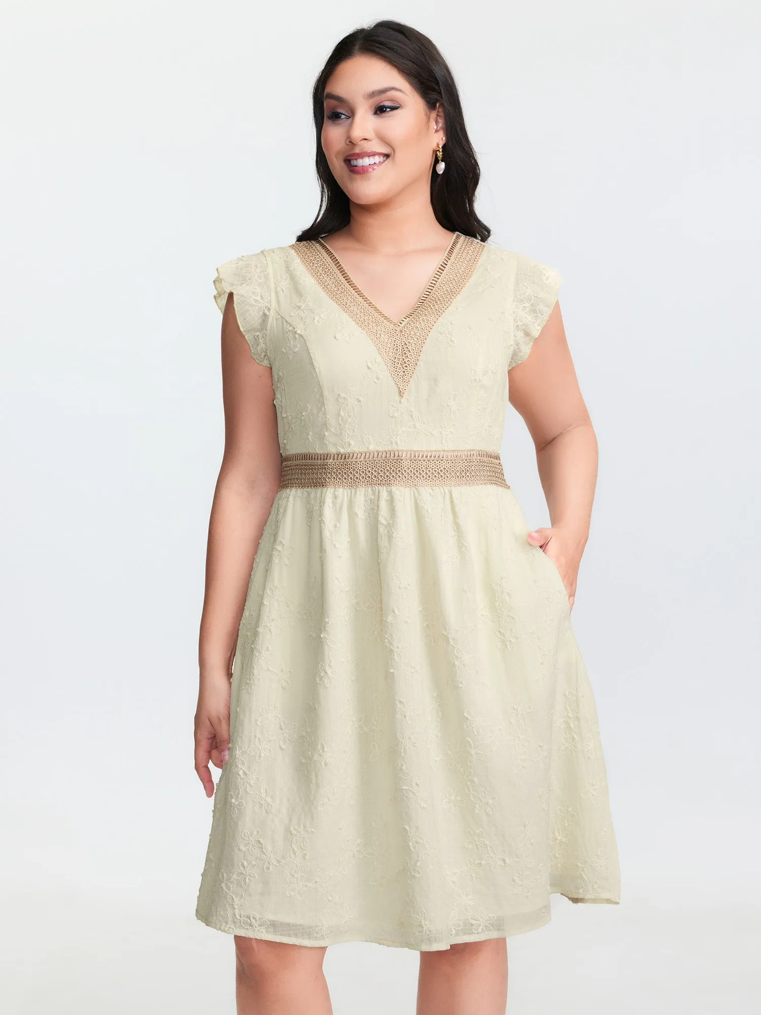 Textured Lace Trim V-Neck Flutter Sleeve Midi Dress sold by Bloomchic