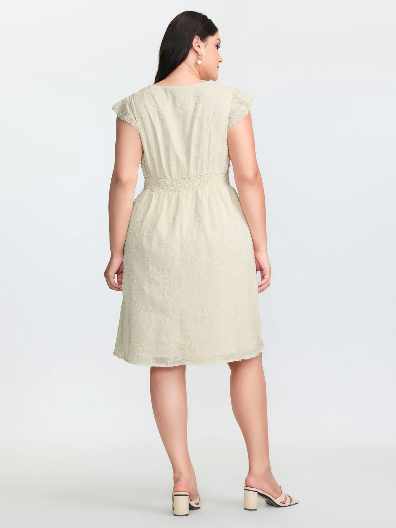 Textured Lace Trim V-Neck Flutter Sleeve Midi Dress sold by Bloomchic product image thumbnail 4
