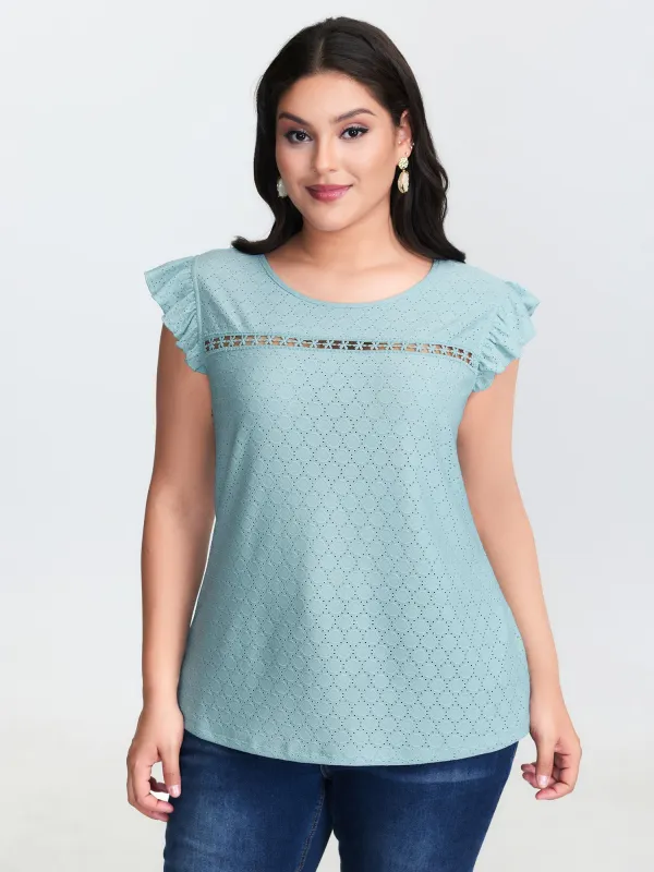 Textured Lace Trim Flutter Sleeve T-Shirt sold by Bloomchic