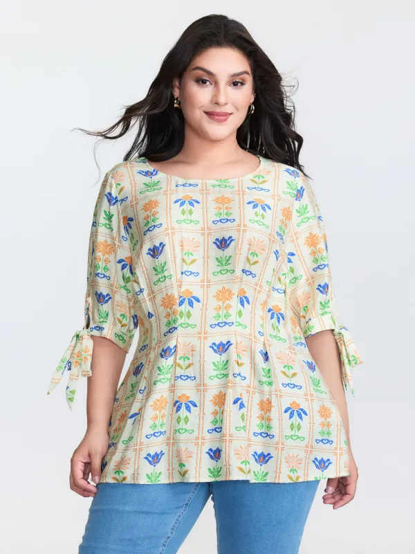 Multi-Color Floral Print Sleeve-Tie Knit Top sold by Bloomchic