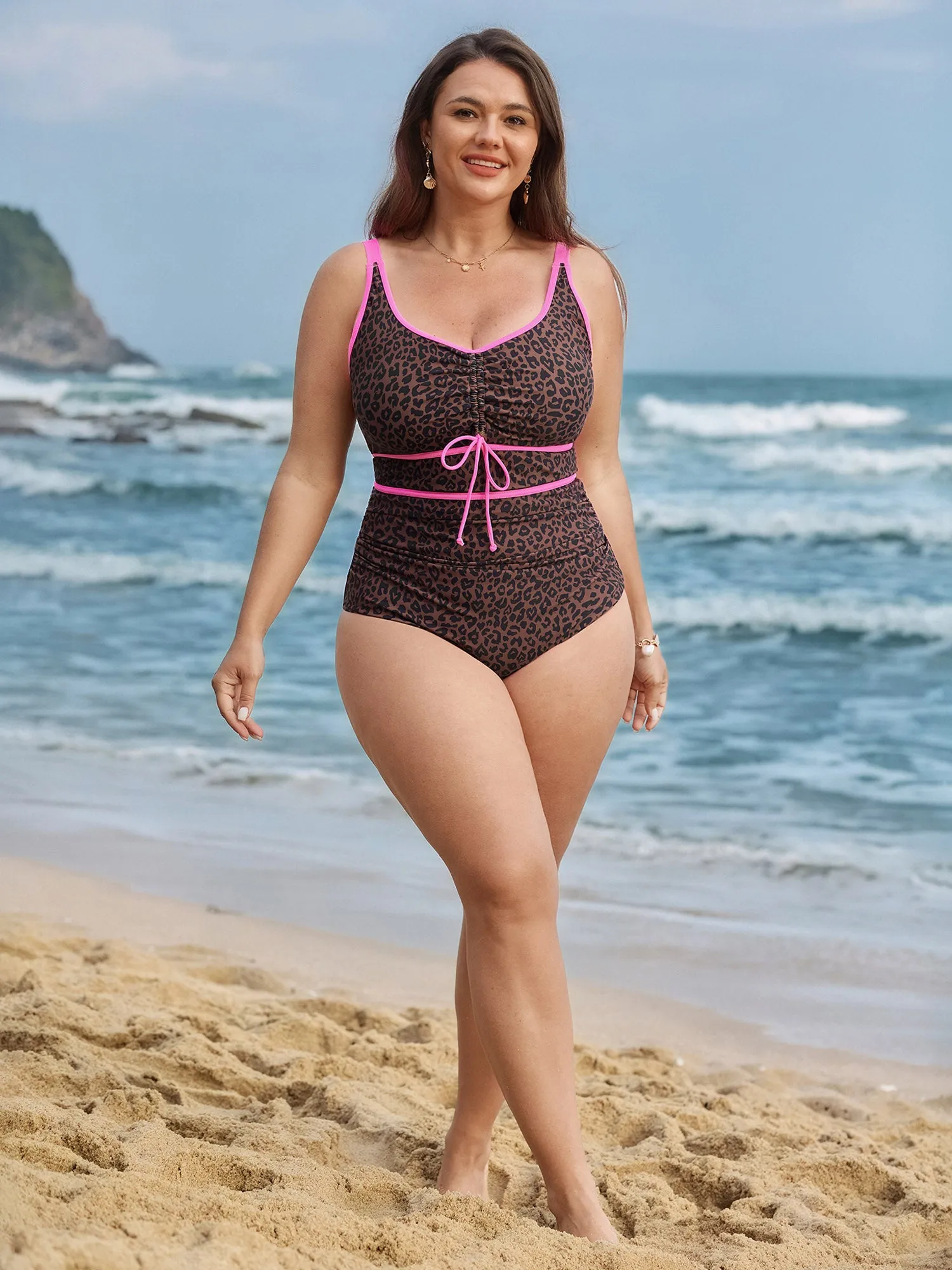 Leopard Print Channel Drawstring One-Piece Swimsuit sold by Bloomchic product image thumbnail 3