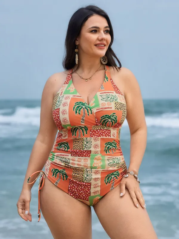 Island Print Channel Drawstring One-Piece Swimsuit made by Bloomchic