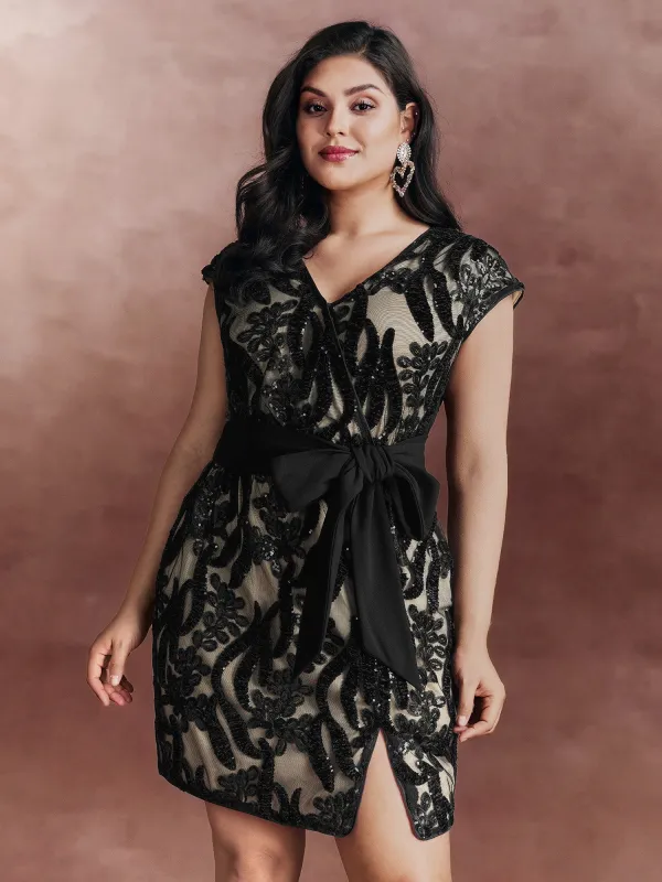 Sequin Mesh Belted Waist Mini Dress made by Bloomchic