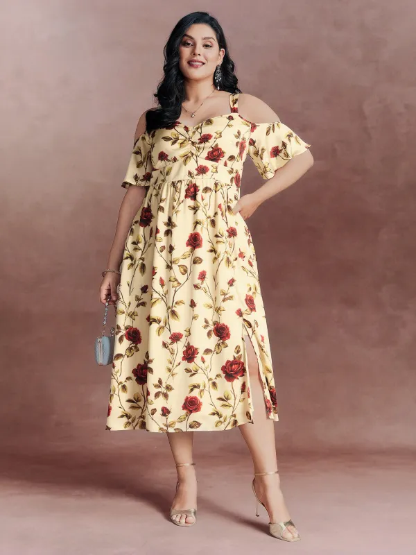 Floral Romance Cut-Out Shoulder Shirred Midi Dress sold by Bloomchic