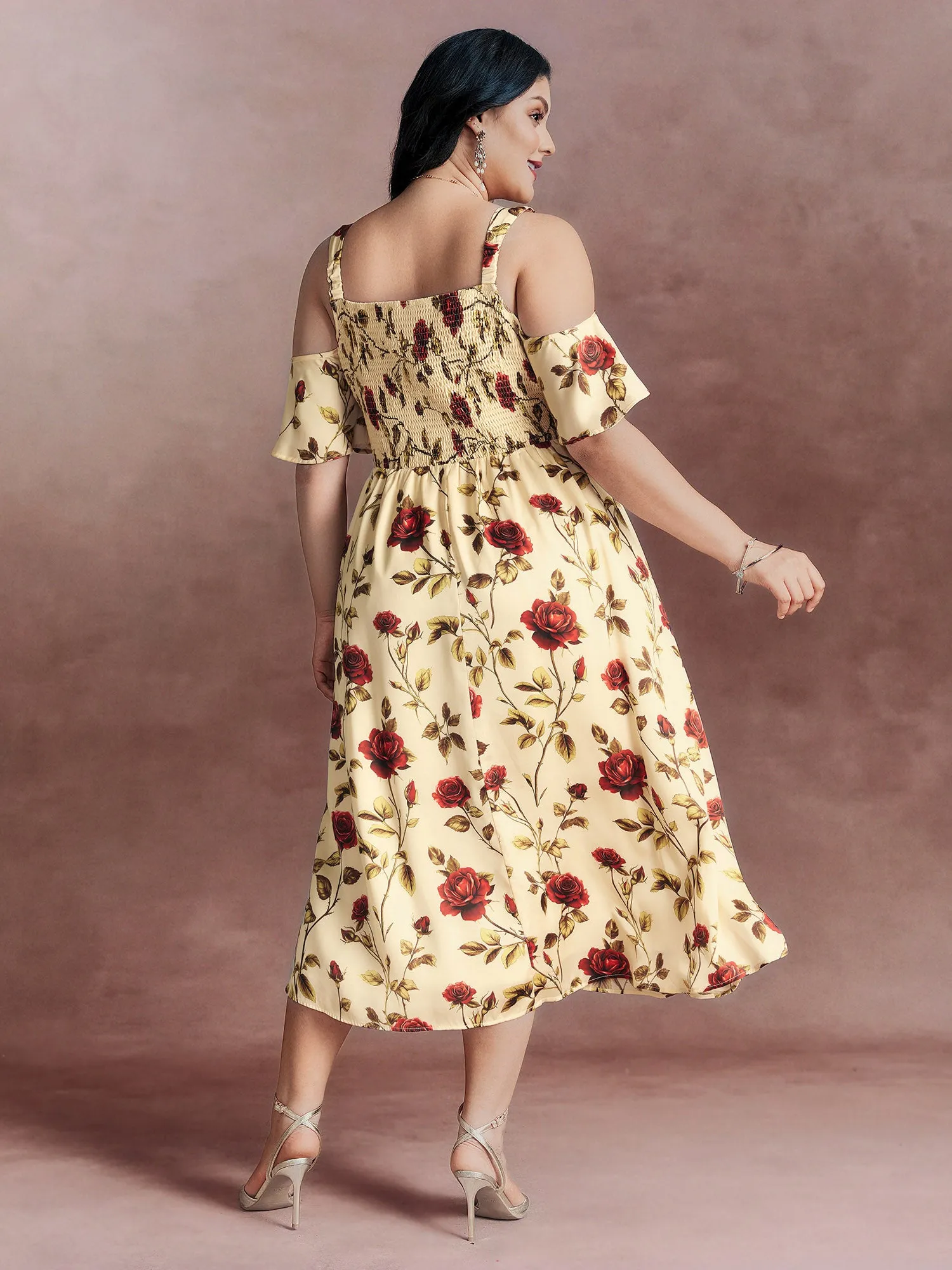 Floral Romance Cut-Out Shoulder Shirred Midi Dress sold by Bloomchic product image thumbnail 4
