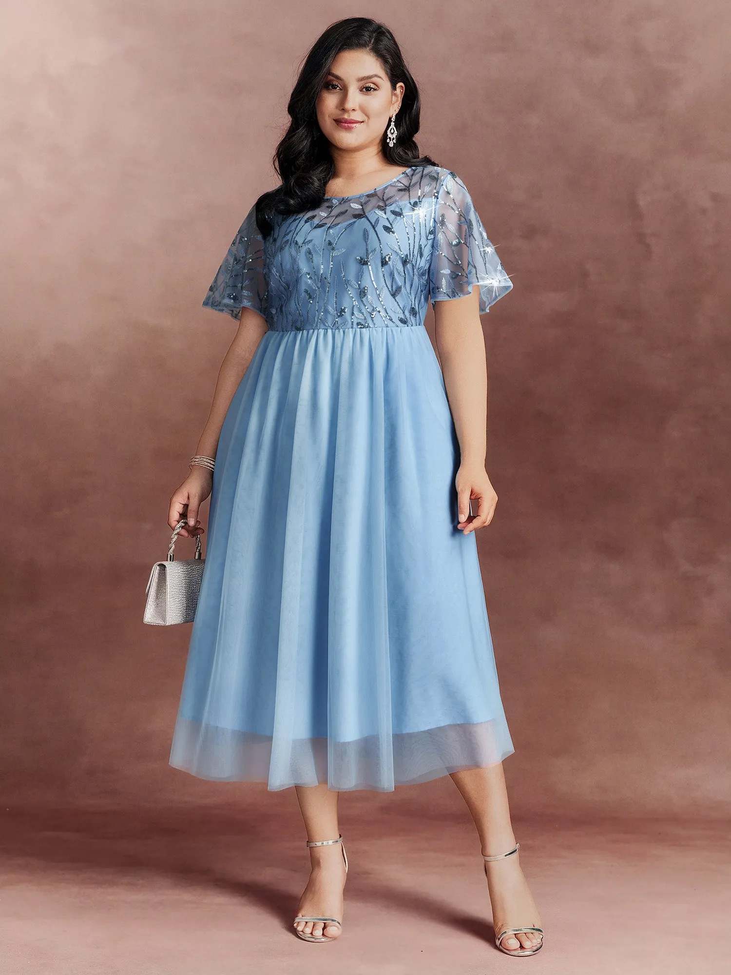 Chiffon Sequin Mesh Embroidered Round Neck Midi Dress sold by Bloomchic