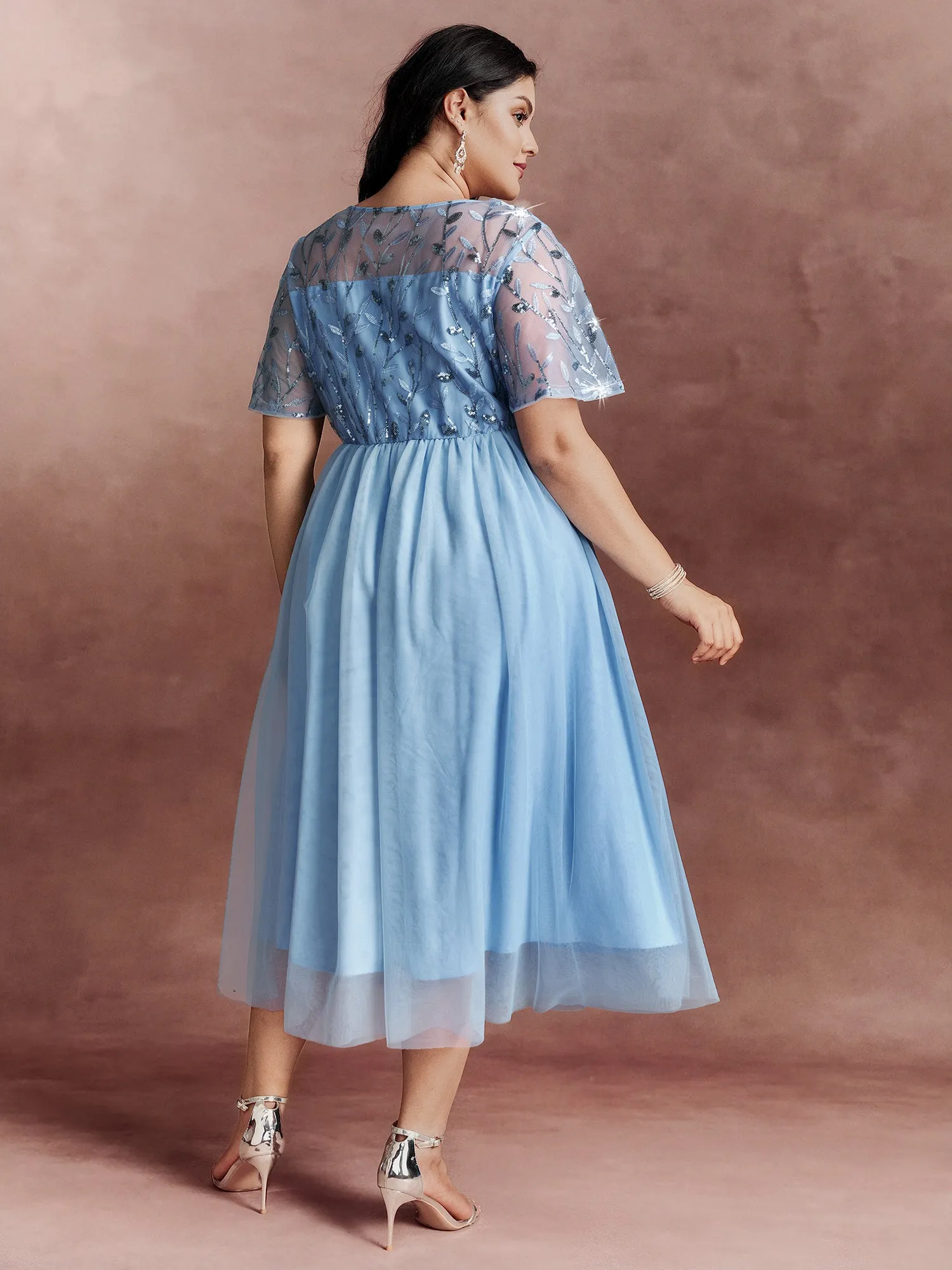 Chiffon Sequin Mesh Embroidered Round Neck Midi Dress sold by Bloomchic product image thumbnail 4