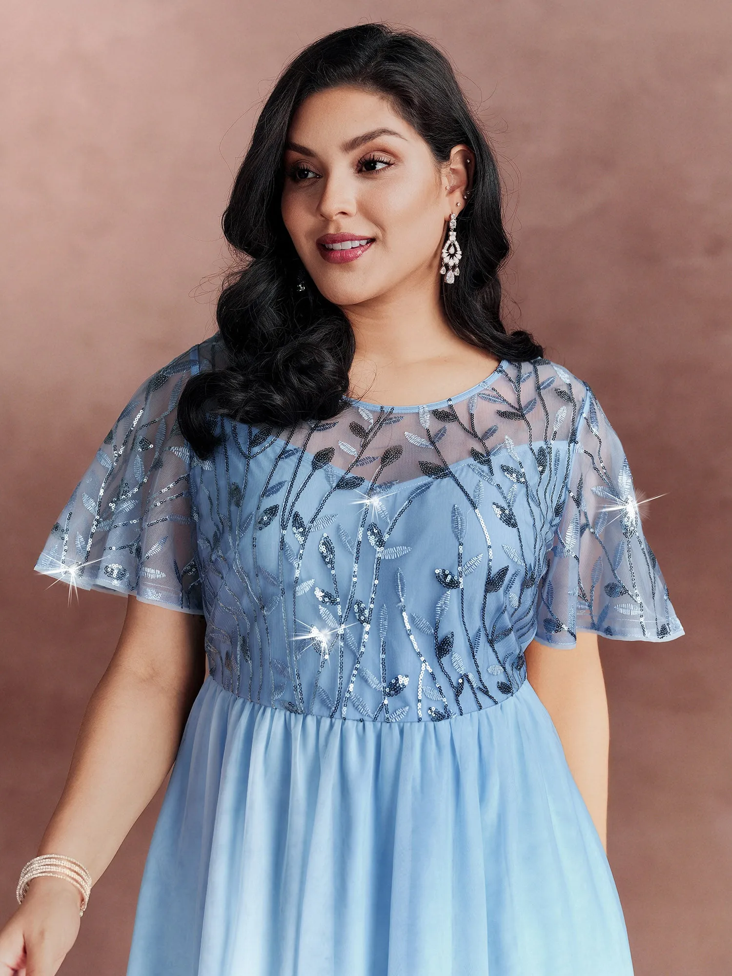 Chiffon Sequin Mesh Embroidered Round Neck Midi Dress sold by Bloomchic product image thumbnail 3