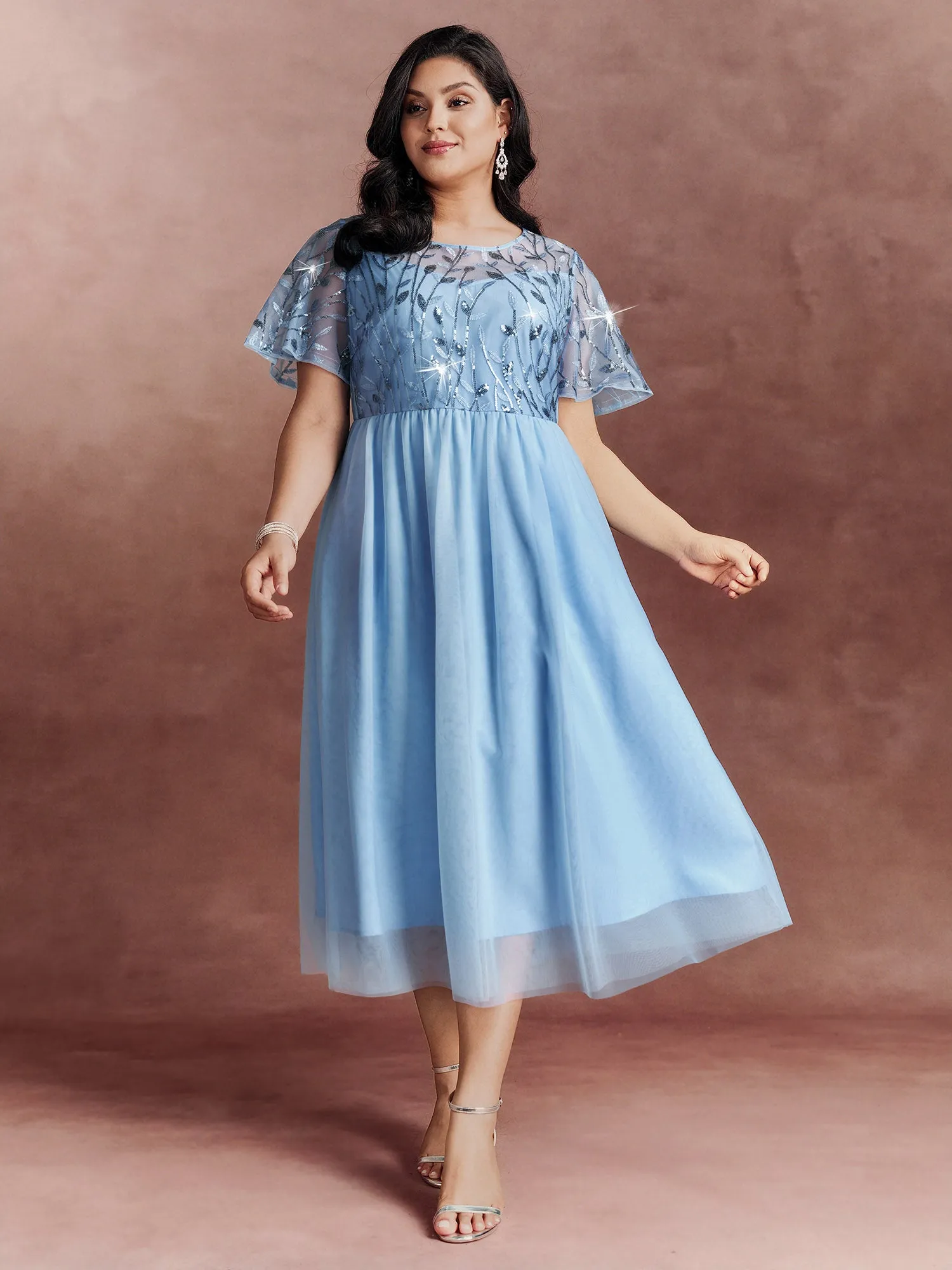 Chiffon Sequin Mesh Embroidered Round Neck Midi Dress sold by Bloomchic product image thumbnail 2