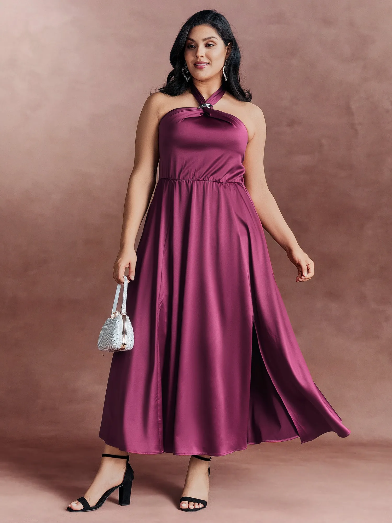 Halter Neck Metallic Detail Satin Maxi Dress sold by Bloomchic product image thumbnail 3