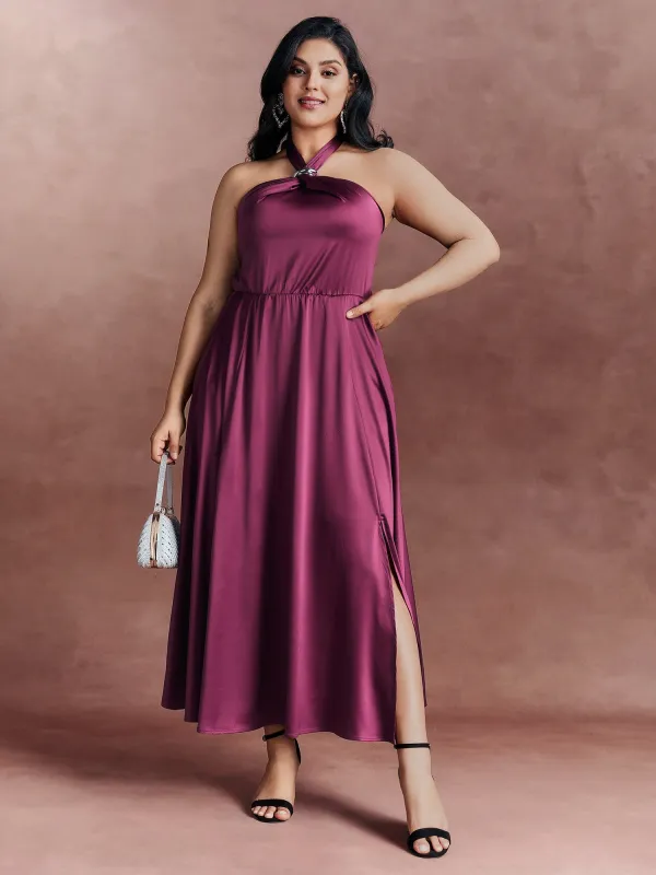 Halter Neck Metallic Detail Satin Maxi Dress sold by Bloomchic