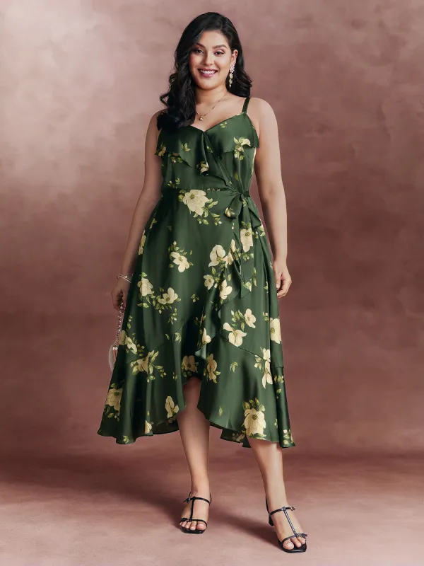 Floral Ruffled Wrap High-Low Hem Midi Dress made by Bloomchic