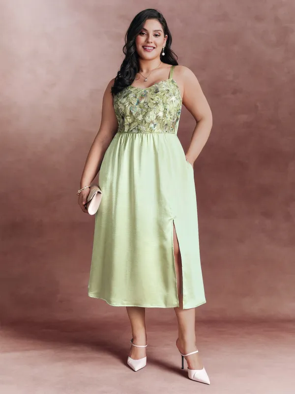 Sequin Floral Embroidered Satin Slit Hem Midi Dress sold by Bloomchic