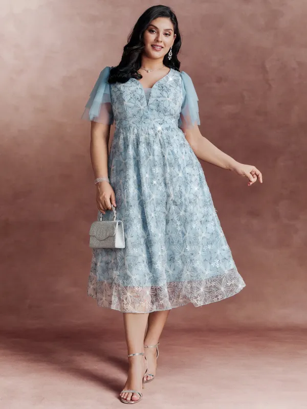 Floral Mesh Embroidered Lotus Leaf Sleeve Midi Dress sold by Bloomchic