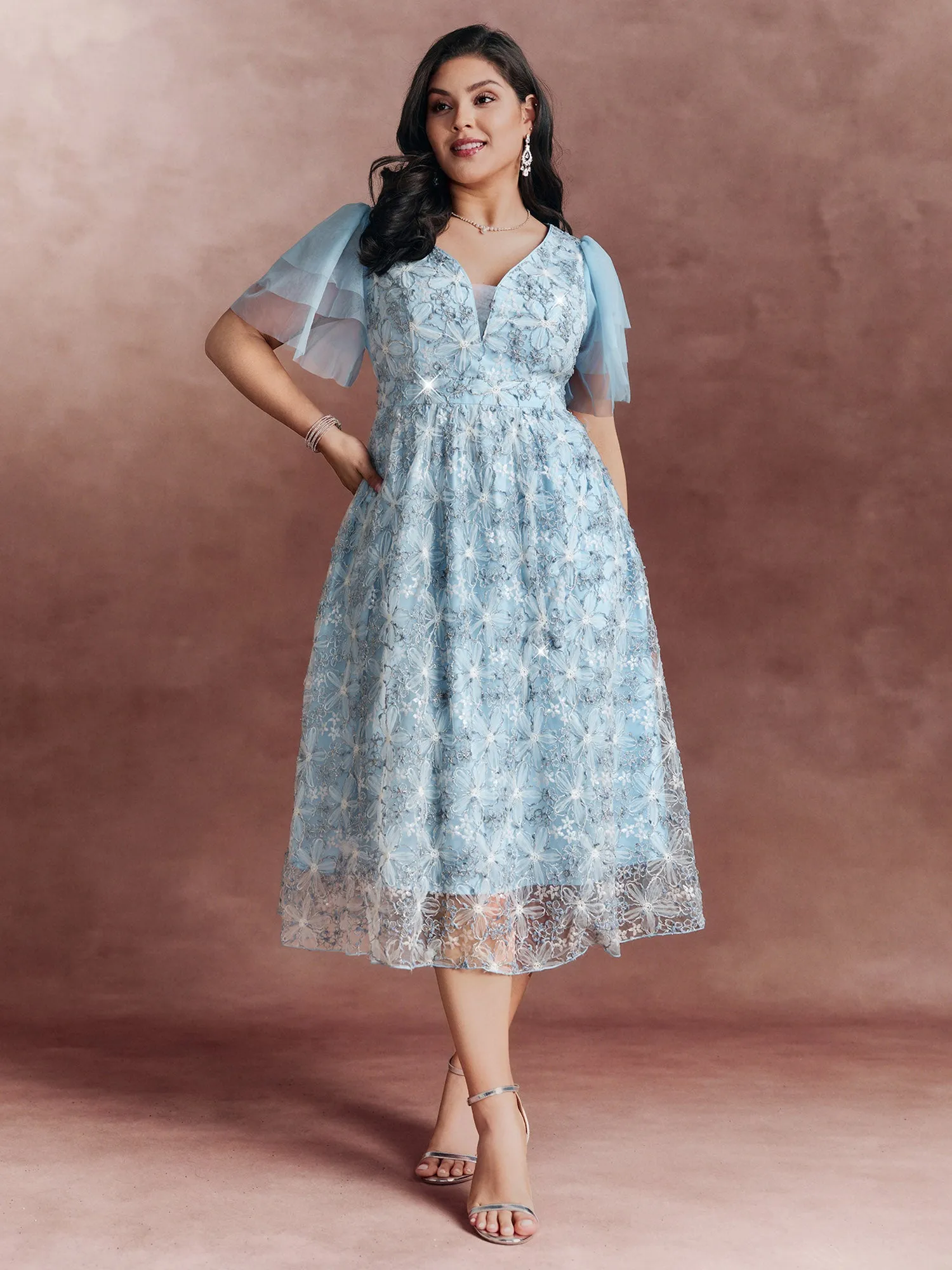 Floral Mesh Embroidered Lotus Leaf Sleeve Midi Dress sold by Bloomchic product image thumbnail 3