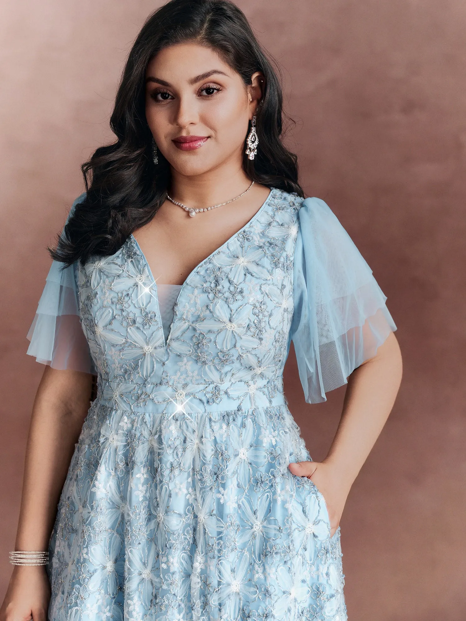 Floral Mesh Embroidered Lotus Leaf Sleeve Midi Dress sold by Bloomchic product image thumbnail 2