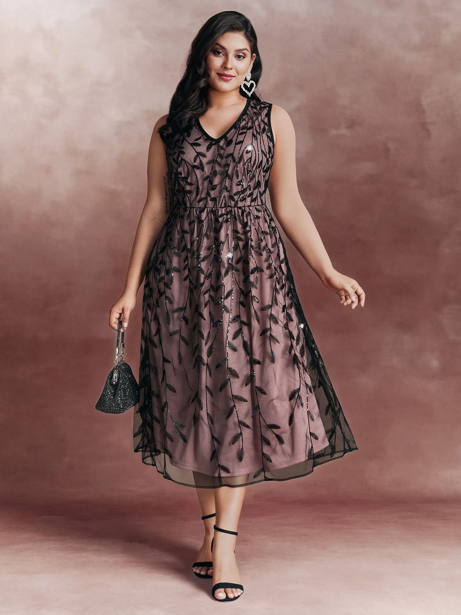 Sequin Embroidery Color Contrast V-Neck Midi Dress sold by Bloomchic