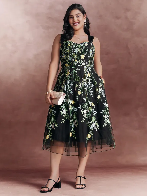 Floral Embroidered Sweetheart Neckline Midi Dress made by Bloomchic