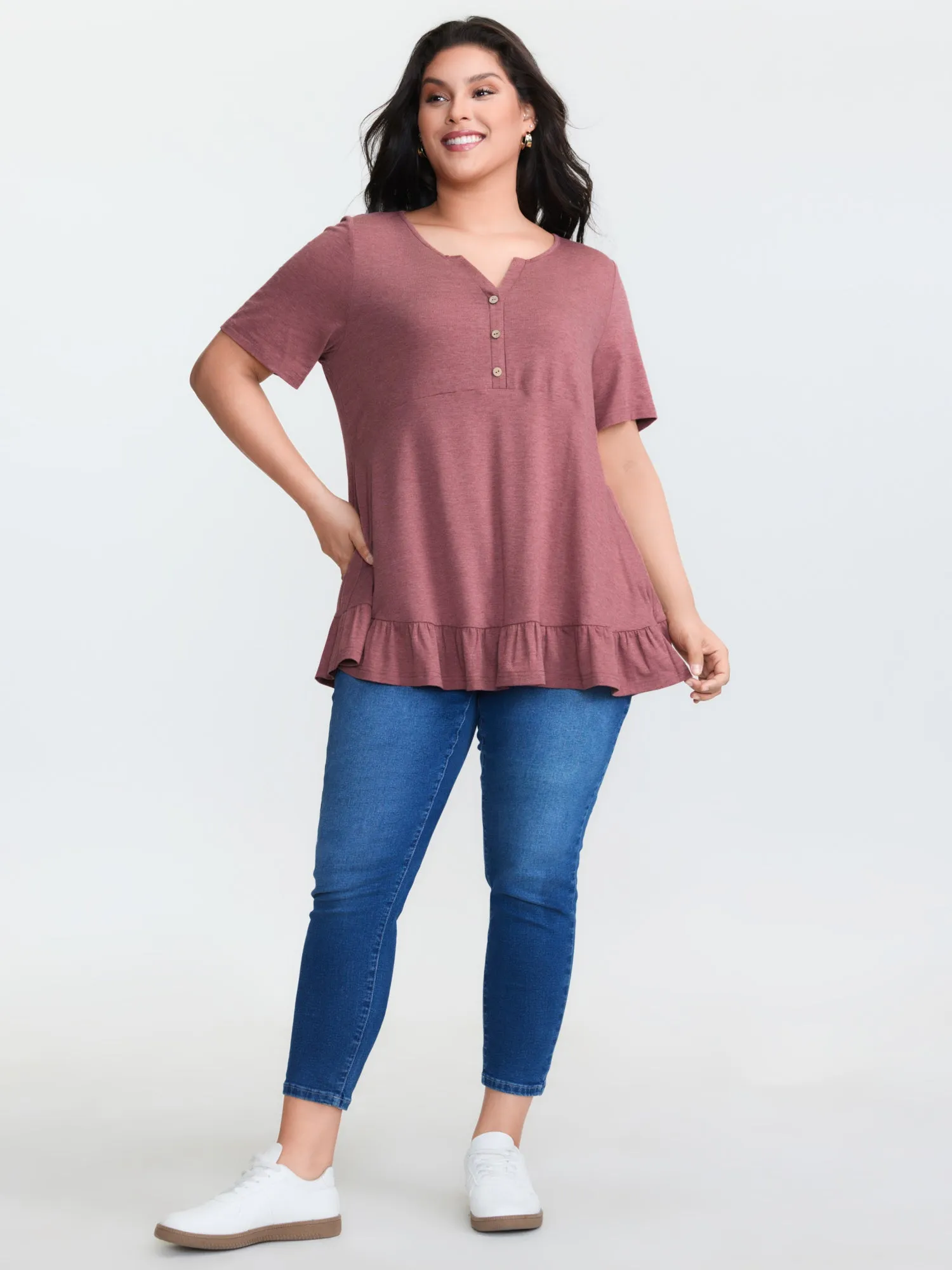 Supersoft Stretchy Ruffled Hemline Button T-Shirt sold by Bloomchic product image thumbnail 3