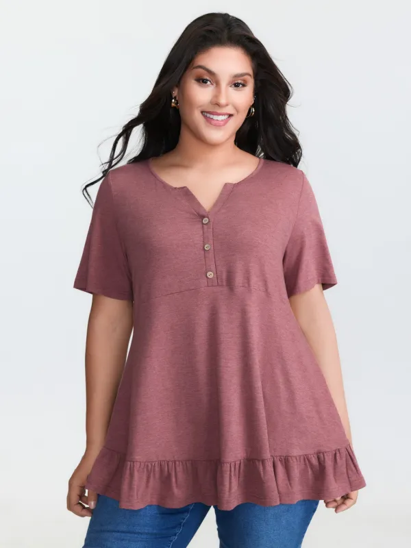 Supersoft Stretchy Ruffled Hemline Button T-Shirt made by Bloomchic