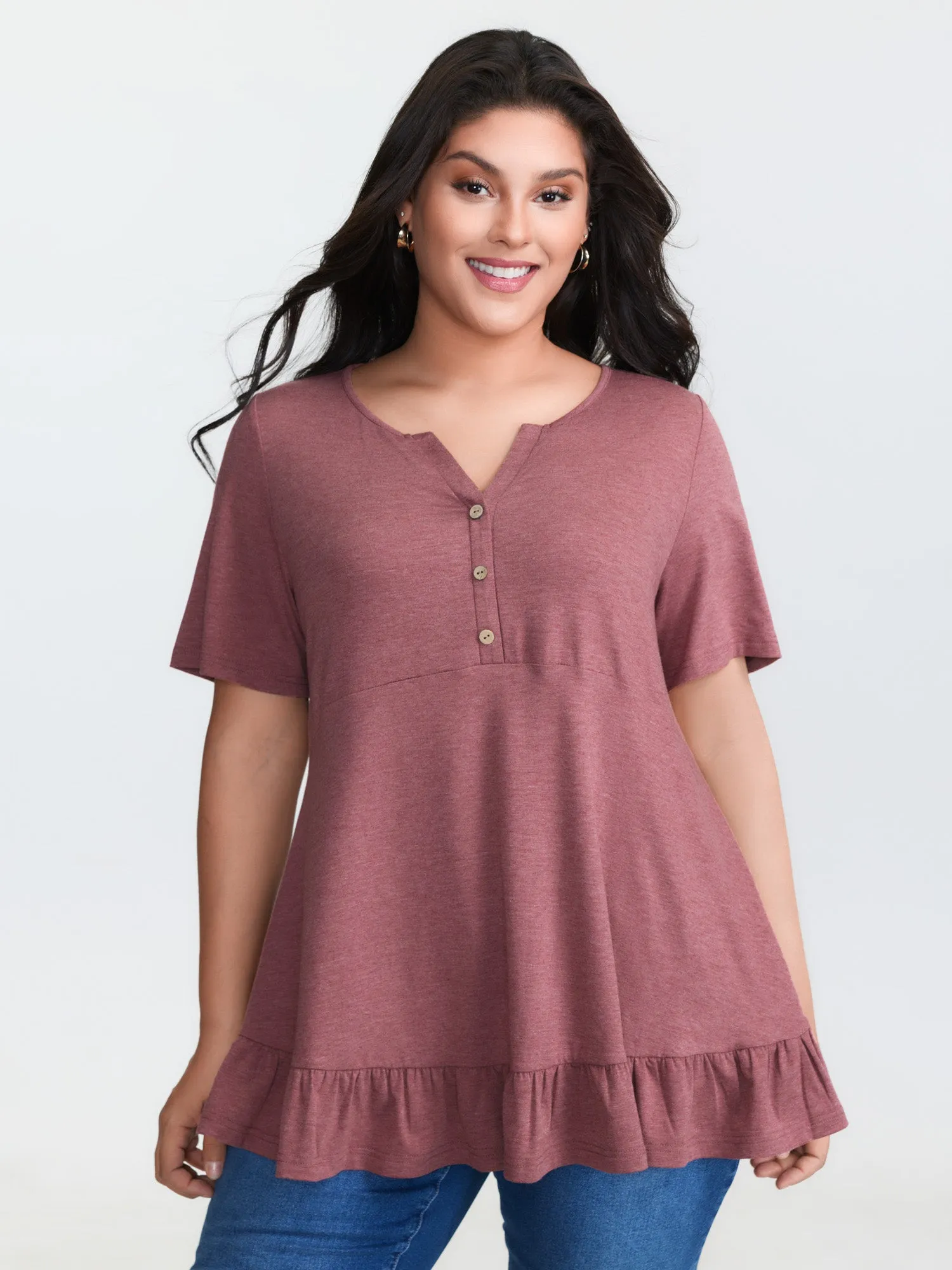 Supersoft Stretchy Ruffled Hemline Button T-Shirt sold by Bloomchic