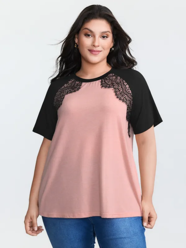 Supersoft Lace Trim Raglan Sleeve Color Contrast T-Shirt sold by Bloomchic