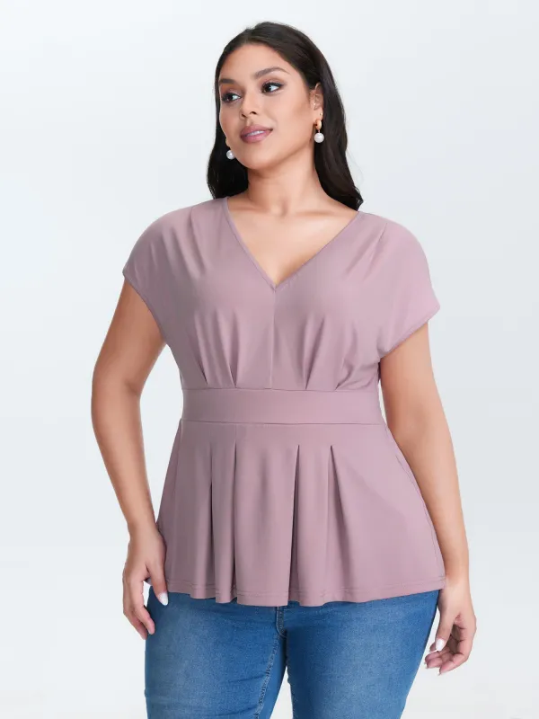 V-Neck Pleated Plain Knit Top sold by Bloomchic