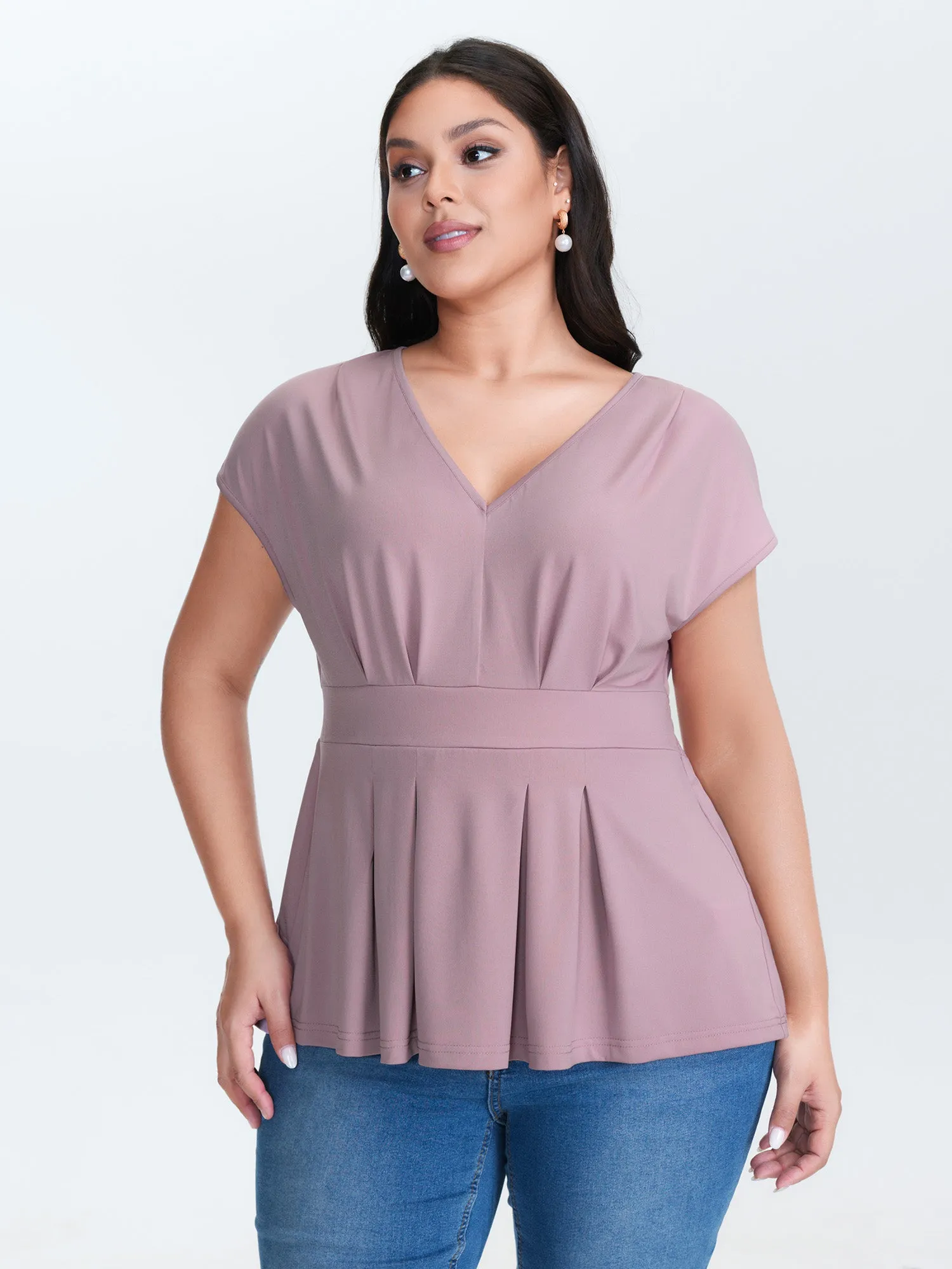 V-Neck Pleated Plain Knit Top sold by Bloomchic