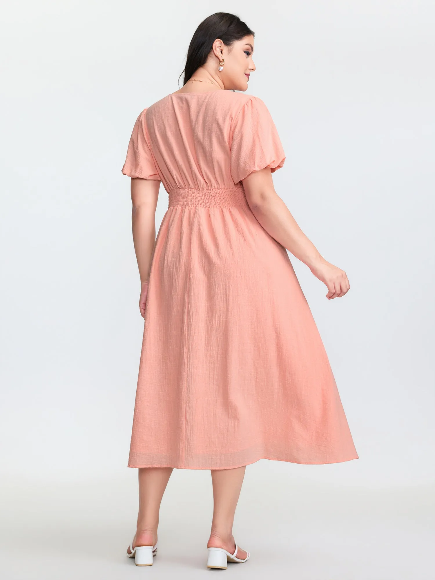 Cotton Textured Pleated Waist Placket Button Maxi Dress sold by Bloomchic product image thumbnail 4