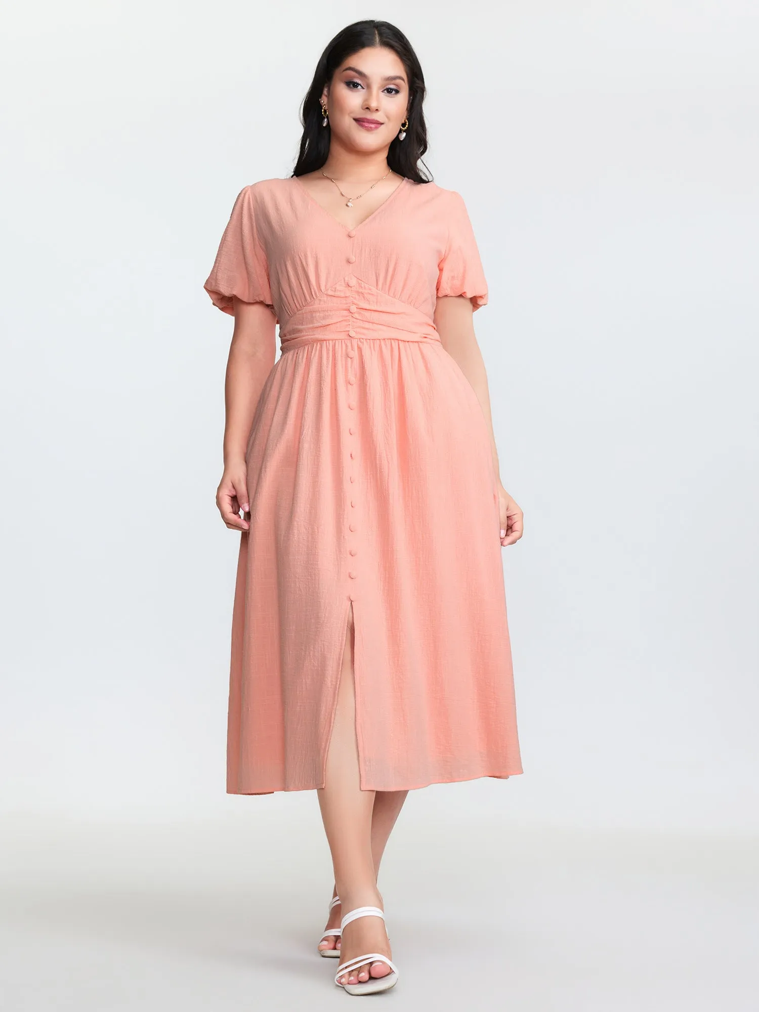 Cotton Textured Pleated Waist Placket Button Maxi Dress sold by Bloomchic product image thumbnail 3