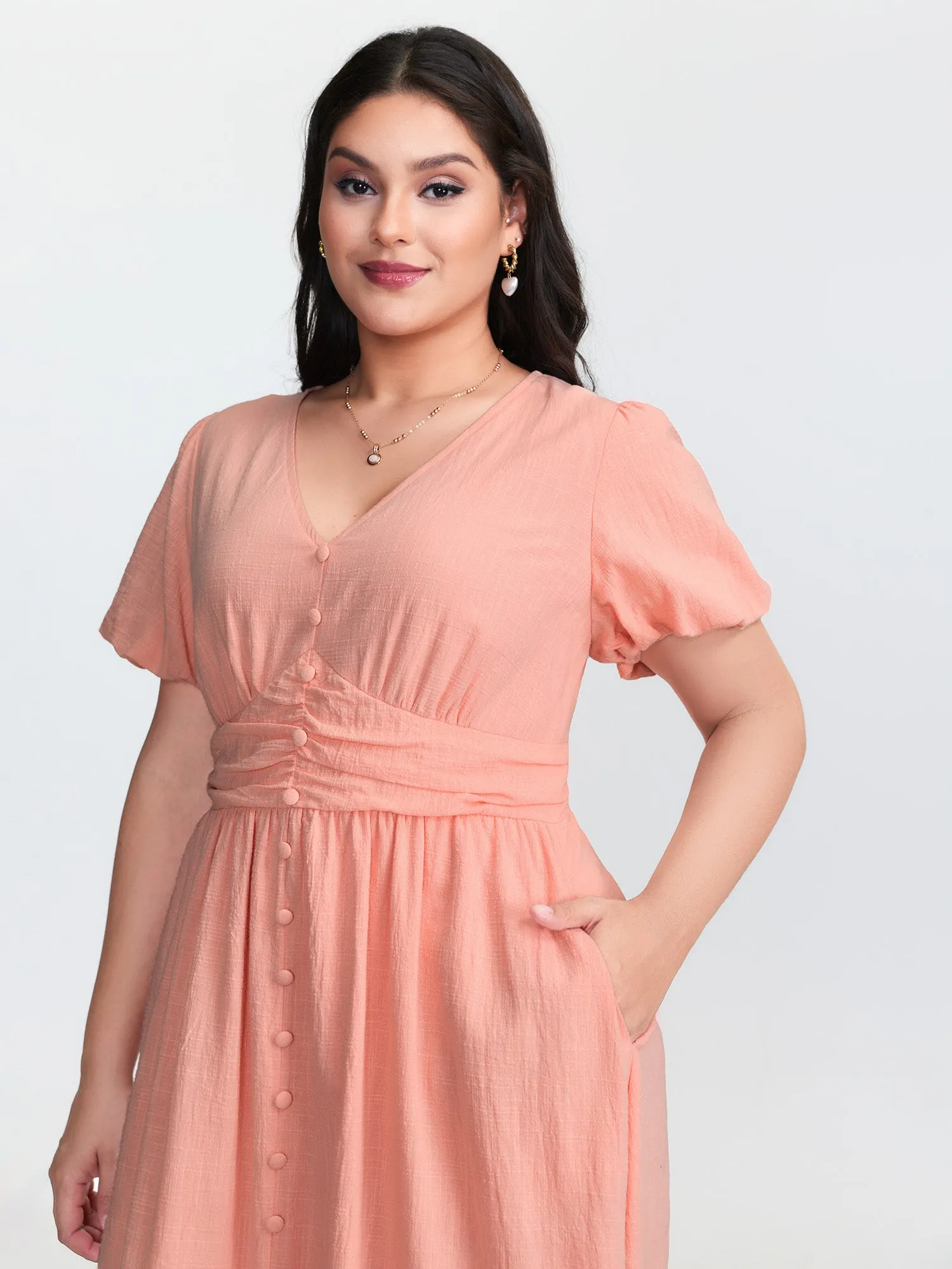 Cotton Textured Pleated Waist Placket Button Maxi Dress sold by Bloomchic product image thumbnail 2